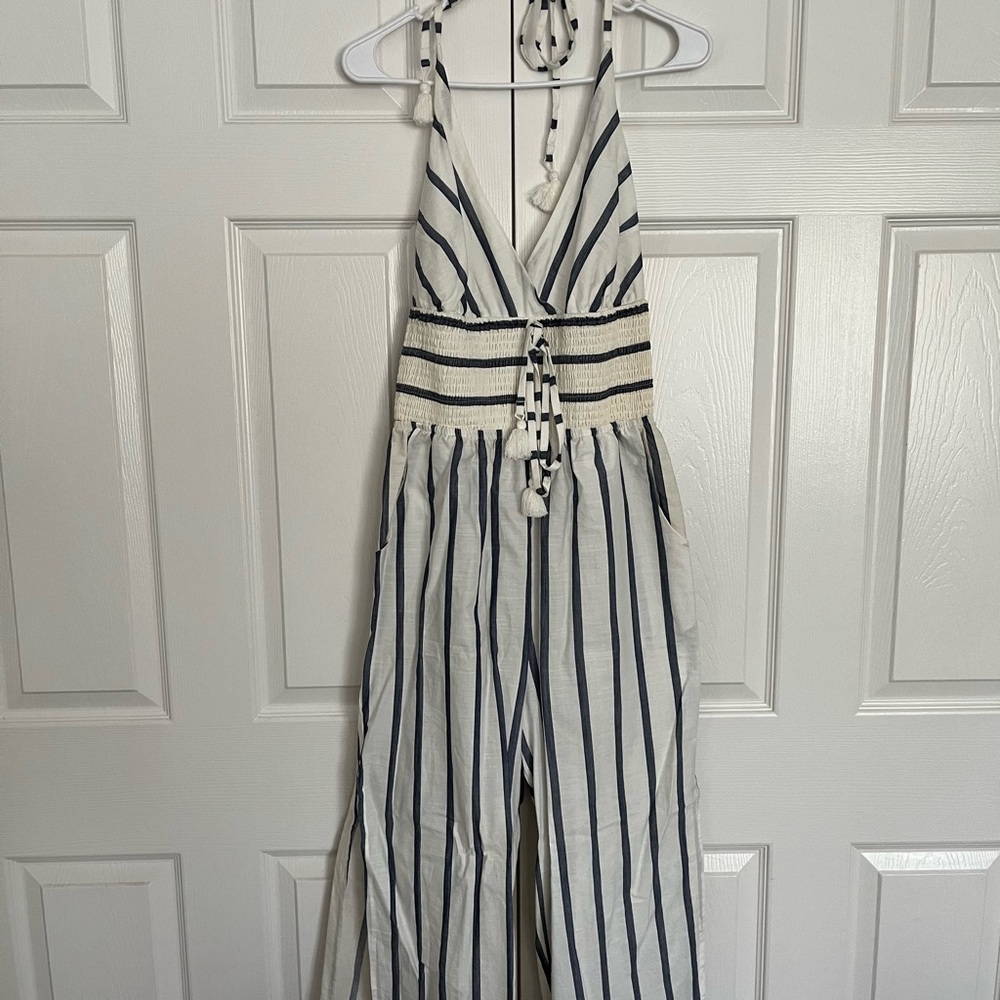 VENUS White and Blue Striped Halter Jumpsuit